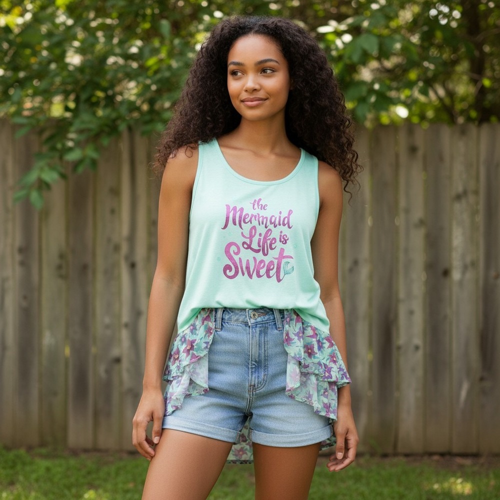 Disney Parks Mermaid Life is Sweet Mint Green Ruffle Tank Top Floral Back Large